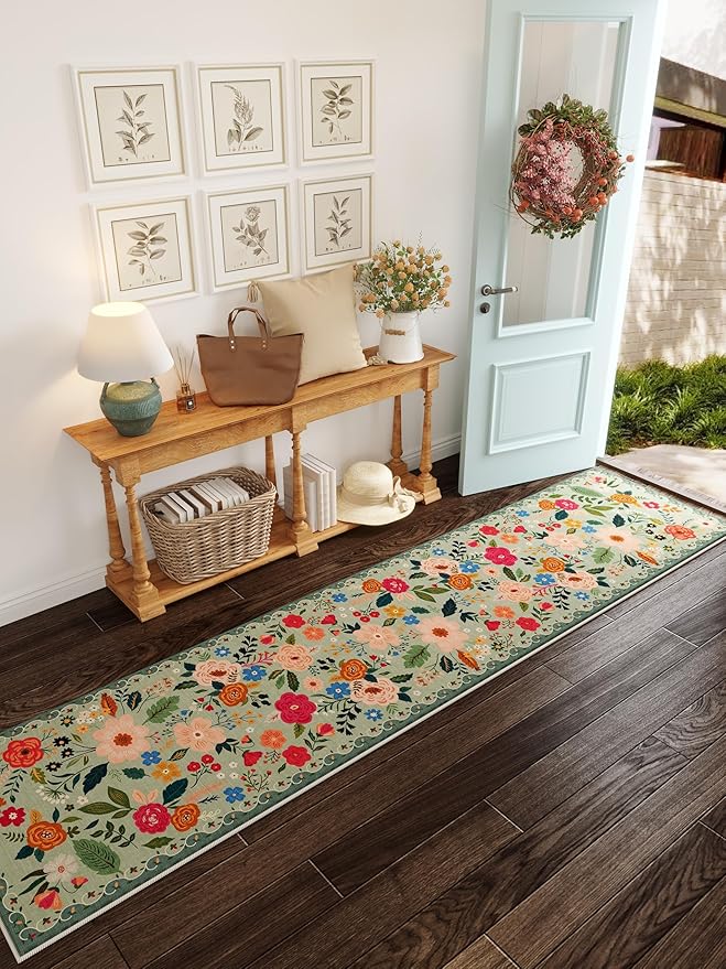 Runners for Hallways Kitchen Runner Rug Non Slip 2'x 10' Long Washable Rugs with Rubber Backing Soft Floral Carpet Runner for Hallways, Kitchen, Laundry, Bedroom, Bathroom(Green)