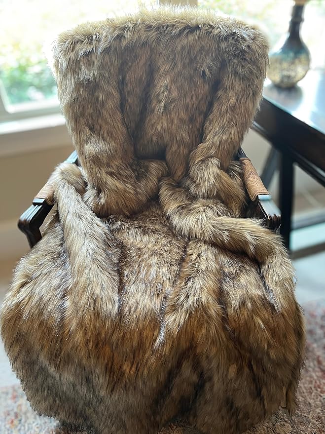 Brown Faux Fur Throw Blanket and Bedspread Caramel and Coffee Colors, Realistic Faux Brown Wolf - Light & Dark Brown Faux Fur - Luxury Throw Blanket, Made in USA, 16406