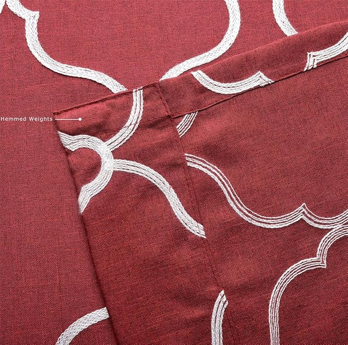 MIUCO Moroccan Embroidered Semi Sheer Curtains Faux Linen Grommet Curtains for Living Room 52 x 63 Inch 2 Panels, Burgundy