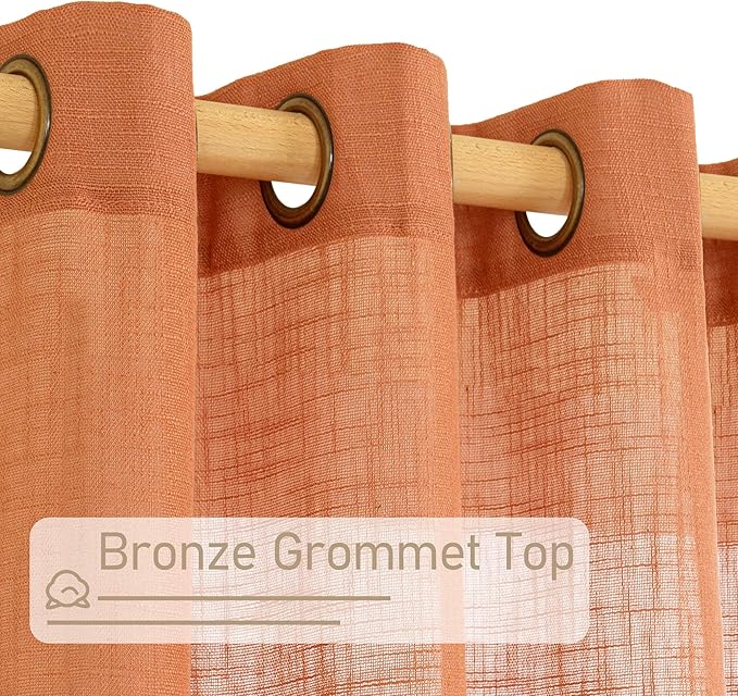 LAMIT Semi Sheer Linen Curtains 45 Inches Long, Bronze Grommet Light Filtering Panels Country Decor Drapes for Bedroom/Farmhouse/Windows, 52 x 45 Inch, Burnt Orange, 2 Panels Set
