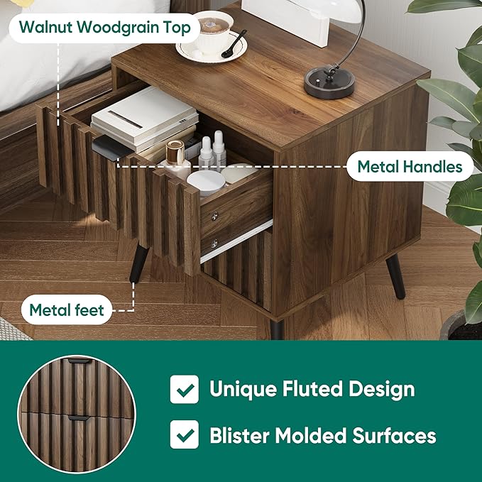 Smuxee Walnut Wooden Night Stand, Mid Century Nightstand with 2 Fluted Drawers, Bedside Table with Metal Feet, Modern End Side Table for Bedroom