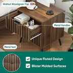 Smuxee Walnut Wooden Night Stand, Mid Century Nightstand with 2 Fluted Drawers, Bedside Table with Metal Feet, Modern End Side Table for Bedroom