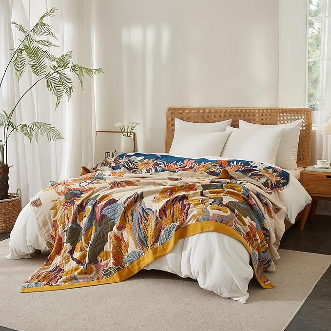 Boho Throw Blanket for Bed 80”x90”, 100% Cotton Woven Blanket for Couch Sofa, Ultra Soft 4-Layer Muslin Quilt with Vintage Floral Printed, Farmhouse Bed Blanket/Cover for Living Room Decor