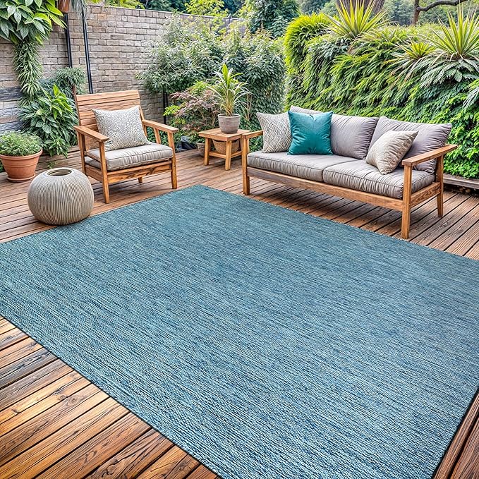 Washable Indoor Outdoor Rug 9x12 Weather Resistant Area Rugs Modern Solid for Porch Deck Balcony Backyard Patio Outside Carpet (9 X 12 Aqua Blue)