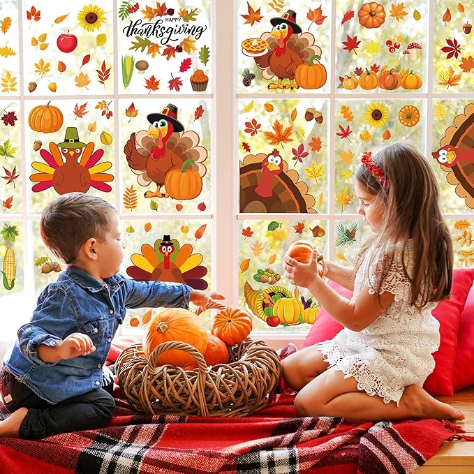 9 Sheets Thanksgiving Window Clings, 115PCS Thanksgiving Decorations Window Stickers, Turkey Decal Stickers with Cute Cones Nuts Maple Leaves Patterns for Fall Harvest Decorations Decor Accessories