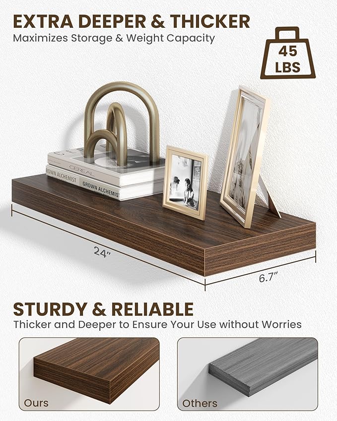 Marsmiles 24" Floating Shelves for Wall, Wooden Shelves with Invisible Brackets Set of 2, Rustic Farmhouse Wall Mounted Shelf for Kitchen Bathroom Living Room Study, Walnut