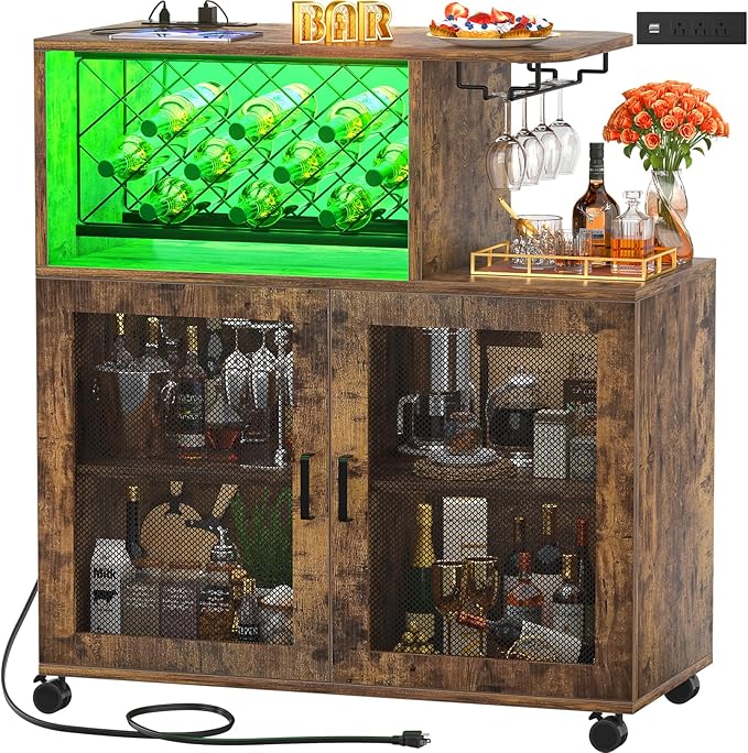 Wine Bar Cabinet with Wheels, Small Liquor Cabinet with LED Light, Home Bar Cart with Power Outlets, Coffee Bar with Wine Rack, Glasses Storage for Kitchen, Dining Room, Living Room, Vintage