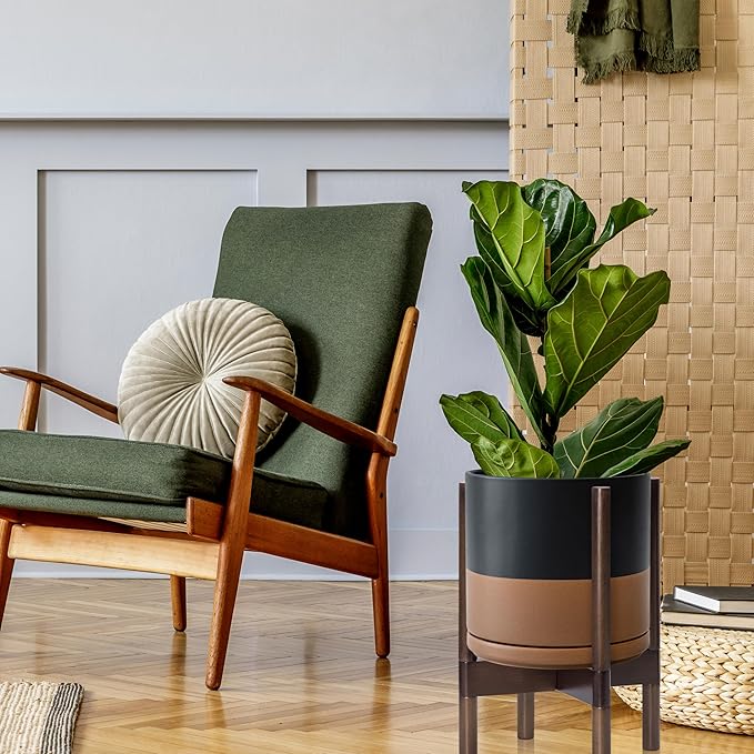 D'vine Dev Ceramic Planter with Walnut Color Stand - 8 Inch Modern Round Flower Pot with Wood Planter Holder, Black/Speckled Tan, 55-B-Y-7