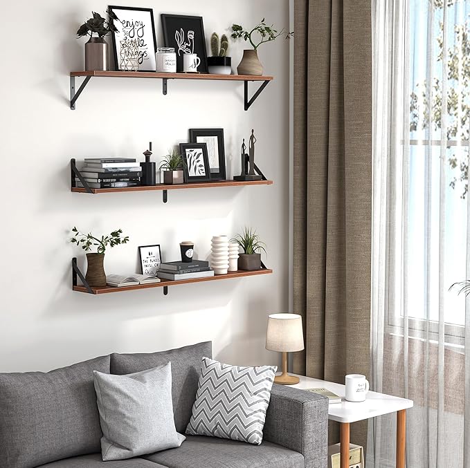 Heimlove Floating Shelves for Wall, 36 Inch Long Wood Floating Bookshelf Set of 3, Wall Mounted Hanging Shelf for Bathroom Bedroom Kitchen, Walnut