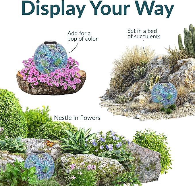 Sunnydaze 10 inch Solar Gazing Ball for Garden - Glass Outdoor Gazing Globe - Crackled Azul Terra