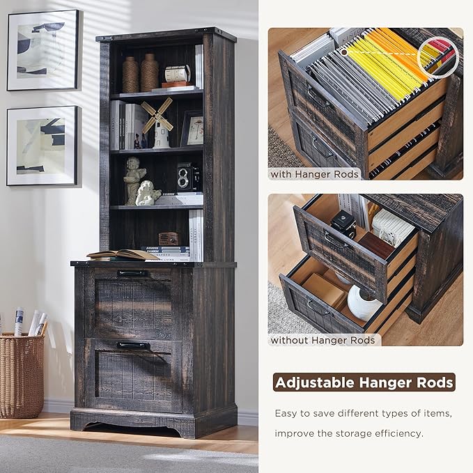 RedLemon Bookcase with 2 File Drawers, 72" Tall Farmhouse Bookshelf with Storage and Adjustable Shelves, 4 Tier Rustic Wood Bookshelf with Cabinet for Home Office, Living Room (Dark Rustic Oak)