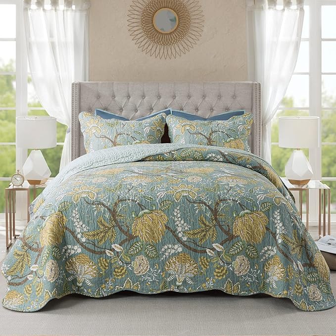 NEWLAKE Cotton Bedspread Quilt Sets-Reversible Patchwork Coverlet Set, Green Floral Pattern, King Size