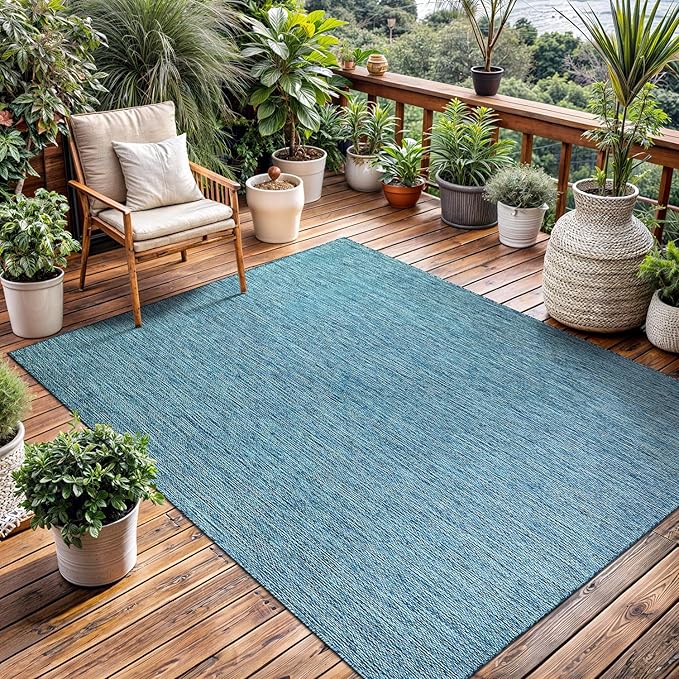 Washable Indoor Outdoor Rug 9x12 Weather Resistant Area Rugs Modern Solid for Porch Deck Balcony Backyard Patio Outside Carpet (9 X 12 Aqua Blue)
