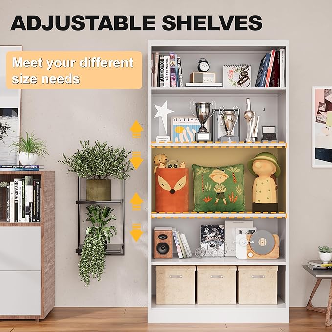 66" Tall Metal Bookcase, 5 Shelf White Bookcase with Adjustable Shelves, Large Bookshelves and Bookcases, Modern Book Shelf Storage Organizer for Living Room, Home Office, Library