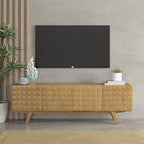 NTC Sapa Mid-Century Modern Solid Wood TV Stand 4-Door Media Console with Carved Geometric Fronts for TVs up to 75", Effortless Assembly, Sand