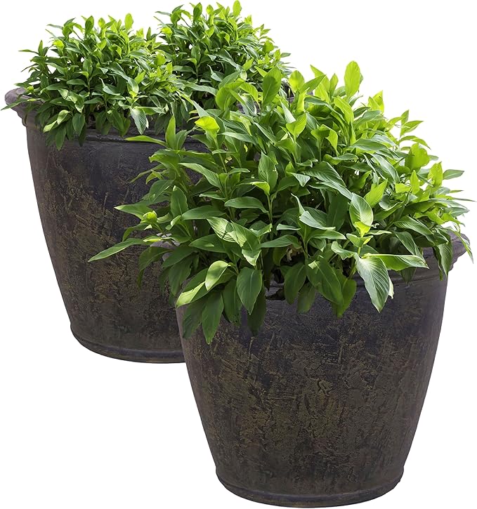 Sunnydaze 24-Inch Anjelica Large Plastic Pot for Plants - Outdoor Polyresin Round Planter with Drillable Drainage Holes - Sable - 2pk