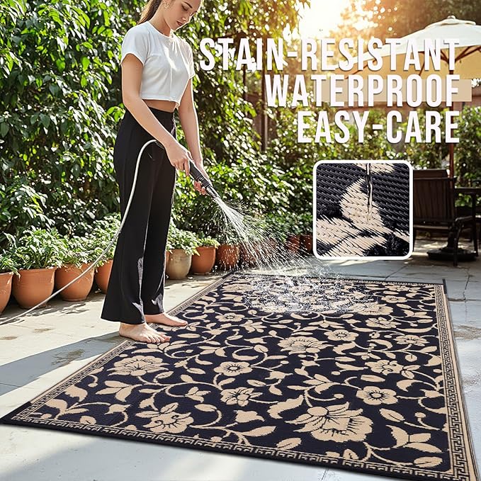 OLANLY Waterproof Outdoor Rug 9x12 ft, Outdoor Plastic Straw Rug with Flower Pattern, Reversible RV Mat for Patio, Camping, Balcony, Deck, Backyard, Black & Beige