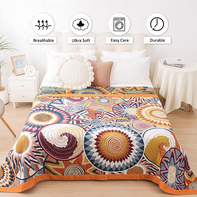 Boho Throw Blanket, 100% Organic Muslin Cotton Breathable Ultra Soft Bed Quilt Throw - All Season Floral Bird Butterfly Farmhouse Decor Blanket for Sofa Couch Chair and Gift. 80" x 90"