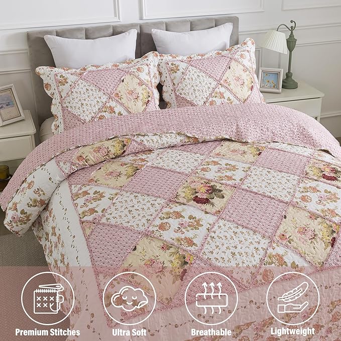 NEWLAKE Quilt Set Queen Size, Bedspread Sets Pink Botanical Floral, Reversible Quilt Bedding Set Lightweight and Breathable for All Seasons, Soft Quilted Bedspread with 2 Pillow Shams