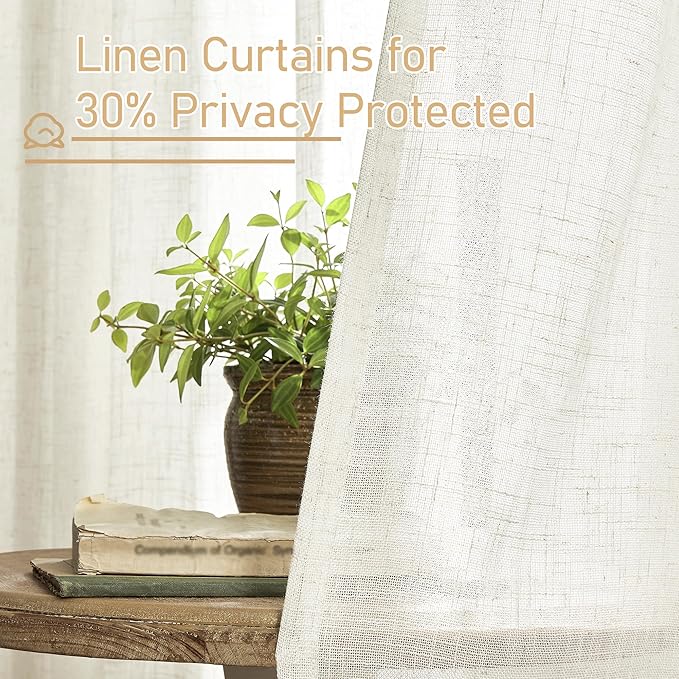 LAMIT Short Sheer Linen Curtains 30 inches Long, Bronze Grommet Linen Drapes Light Filtering Semi Sheer Curtains for Small Window/Kitchen/Cafe, 2 Panels, 34 x 30 Inch, Cream