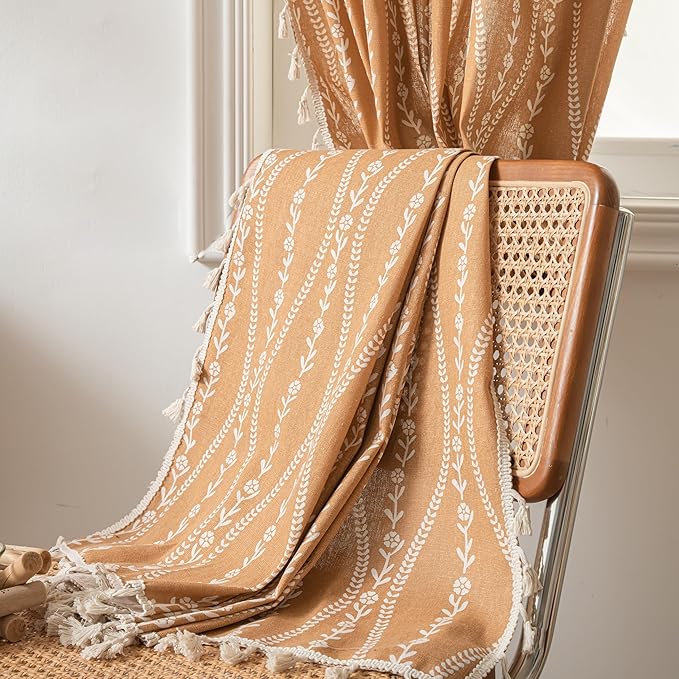 Sutuo Home Boho Curtains 63 Inches Length for Kitchen Bedroom, Printed Cotton Linen Rod Pocket Rustic Farmhouse Bohemian Tassels Window Treatment, 1 Panel 59" W x 63" L, Terracotta Stripe Florals