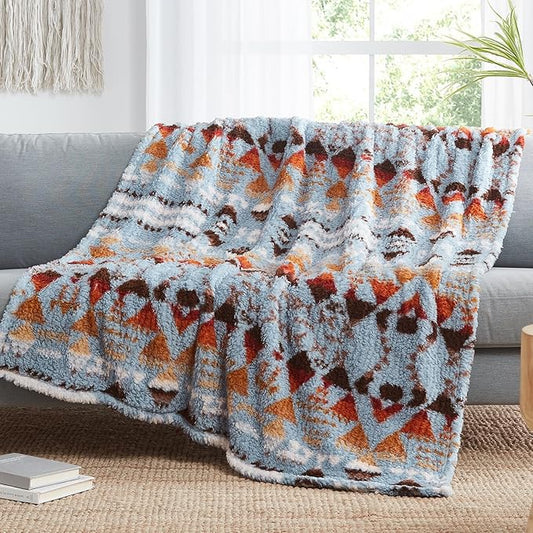 CASAAGUSTO Boho Sherpa Blanket,Teal Aztec Twin Blanket, Ultra Soft, Warm, Cozy, Plush, Thick Fleece Western Blanket for Couch, Bed, Sofa (Blue Grey 60 * 80 Inch)
