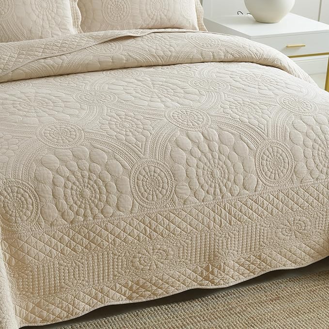 MarCielo 3-Piece 100% Cotton Oversized Bedspread Lightweight Quilt Coverlet Embroidery Farmhouse Bedding (Tf Khaki Beige, Oversized King (118"x106"))