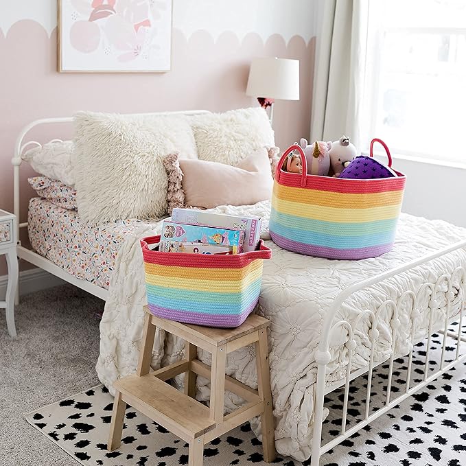 OrganiHaus Large Blanket Basket for Living Room 20x13, Rainbow Rope Basket for Classroom Organization, Toy Storage Basket, Woven Kids Laundry Basket, Baby Toy Box, Cute Storage Basket, Nursery Hamper