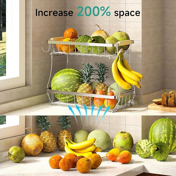 3 Tier Fruit Basket for Kitchen Counter with 2 Mobile Banana Hangers, 2025 Pro Detachable Metal Fruit Bowl with Wooden Handle, Fruit Holder for Bread Snack Veggies, Silvery