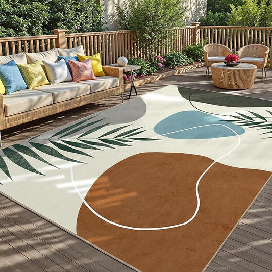 Indoor Outdoor Area Rug, Mid Century Outdoor Patio Rug, Washable Abstract Art Leaves Eucalyptus Rugs, Non-Slip Carpet for Camping, Living Room, Bedroom, Deck(8x10)