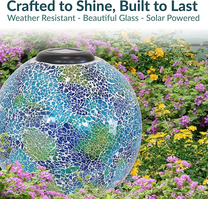 Sunnydaze 10 inch Solar Gazing Ball for Garden - Glass Outdoor Gazing Globe - Crackled Azul Terra