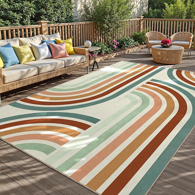 Indoor Outdoor Area Rug, Mid Century Modern Multicolored Outdoor Patio Rug,Washable Abstract Art Rainbow Rugs Non-Slip Carpet for Camping, Bedroom, Deck(8x10)
