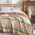 Boho Throw Blanket for Couch Sofa Bed, 100% Cotton Woven Quilt with Tassel 80”x90”, Super Soft Muslin Blanket with Patchwork Printed, Decorative Reversible Bed Blanket/Cover for All Seasons