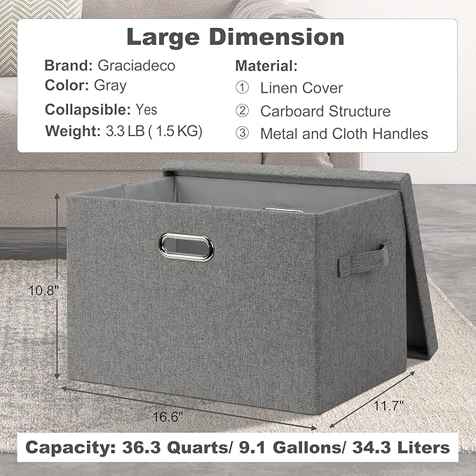 Large 17" 36 Quart Collapsible Stackable Storage Bins with Lids, 3 Packs Grey Linen Fabric Closet Boxes with Lids, Storage Cube Baskets Container Organizers for Bedroom Office(17 x12 x11)