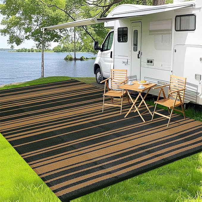 Outdoor Plastic Straw Rug 9x18 Waterproof Outside Rug, Large Modern Striped Reversible Floor Mats, Foldable & Lightweight Camping Carpet for Patio, Porch, Deck, Backyard, Balcony, Black Brown