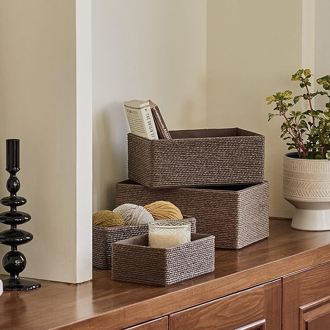LA JOLIE MUSE Paper Rope Woven Storage Basket Set of 4 with Fabric Liner, Stackable Multipurpose Organizer Bin, Brown
