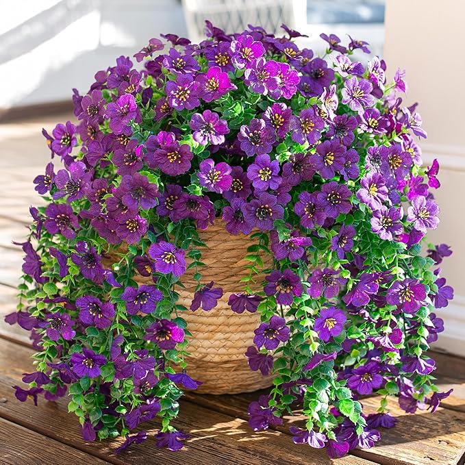 Artificial Faux Hanging Flowers Plants for Spring Outdoor Outside Decoration, 2 PCS Fake Silk Daisy with Eucalyptus UV Resistant Realistic Trailing Vines for Balcony Patio Porch (Dark Purple)