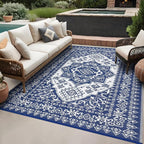 GAOMON Patio Rugs Outdoor 8x10 Waterproof Reversible Plastic Straw Rug, Large UV-Resistant Portable RV Camping Mats, Indoor Outdoor Medallion Carpet for Deck Porch Garden, Dark Blue & White