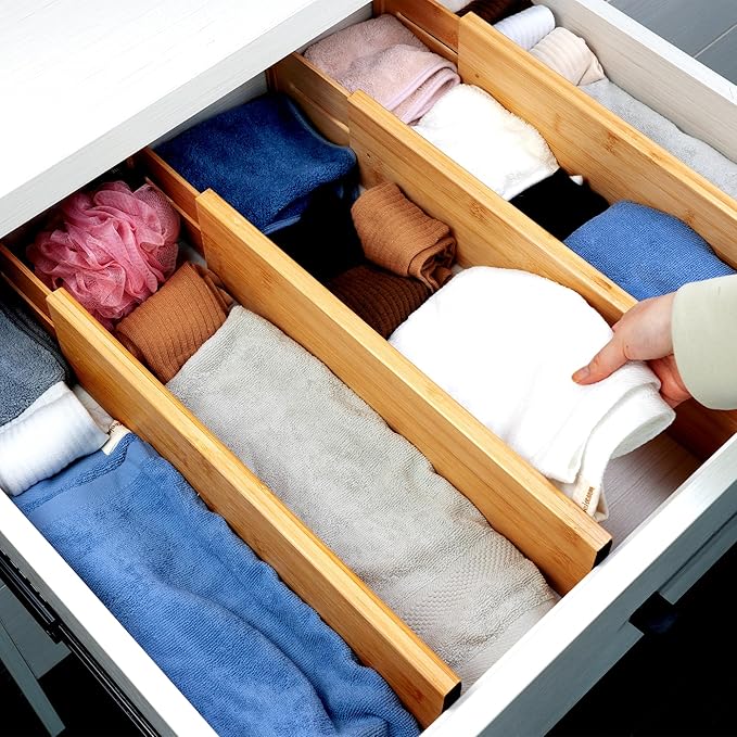 Utoplike Bamboo Drawer Dividers Large(Fits 18.6"-20.6" Drawer Inner Size, Height > 4.05"), Adjustable Kitchen Drawer Organizers for Clothing, Spring Loaded, 4 pcs