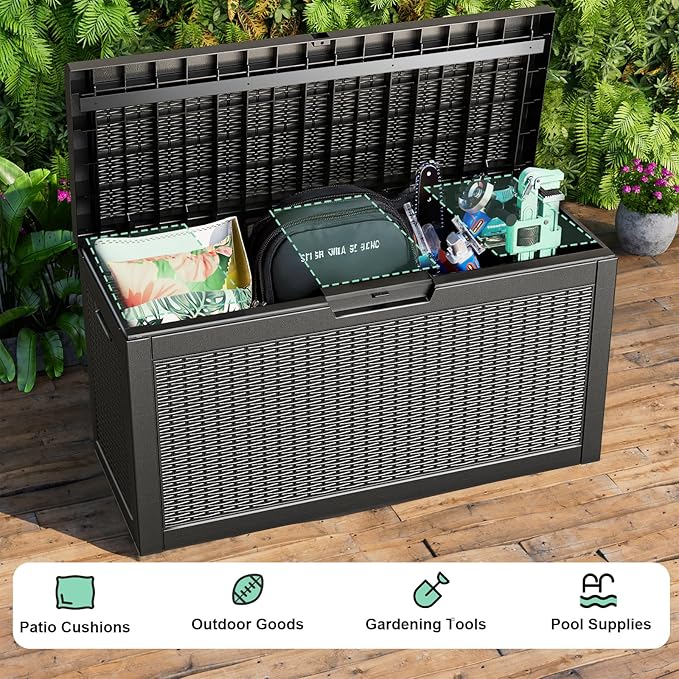 60 Gallon Deck Box Large Outdoor Storage for Patio Furniture,Outdoor Cushions,Garden Tools and Pool Supplies,Waterproof,Resin,Lockable(Black)