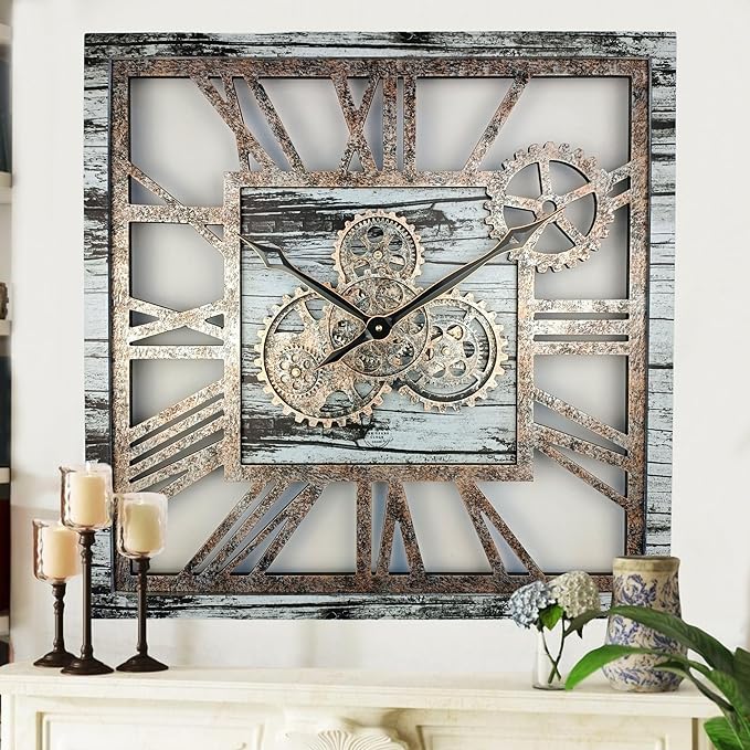 The Gears Clock 24'' Inch Square Real Moving Gear Wall Clock Vintage Industrial Oversized Rustic Farmhouse (Grey and White)