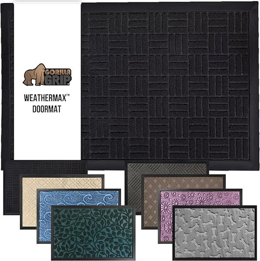 GORILLA GRIP 100% Waterproof All-Season WeatherMax Doormat US Designed Natural Rubber, Stain and Fade Resistant, Low Profile Indoor Outdoor Door Mats, Easy Clean Patio Mat, 17x29, Midnight Maze