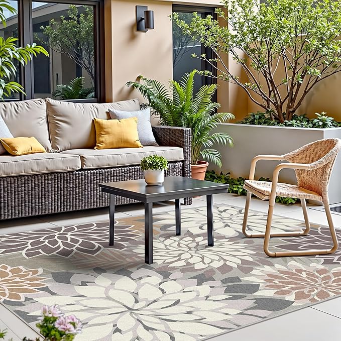 Indoor Outdoor Area Rug Washable Multicolored Patio Rug Tropical Botanical Modern Floral Indoor Outdoor Carpet Brown White Rug Non Slip Non Shedding for Patio, Deck, Backyard, Porch (6x9)