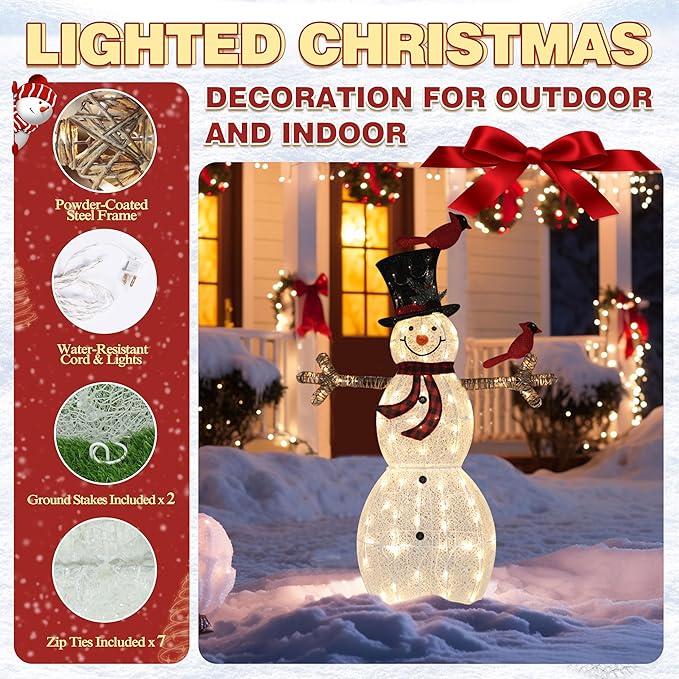 5FT Lighted Snowman with Birds for Christmas Decoration, 3D Pre-Lit Iridescent Snowman Xmas Decor with 90 LED Lights, Glittered Standing Holiday Display for Outdoor, Indoor