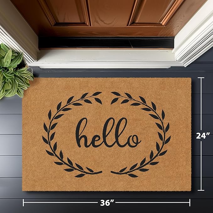 Barnyard Designs Natural Coco Coir Heavy Duty Backing Doormat - Large Cute Non-Slip Front Door Welcome Mat for Outside Entrance or Porch Entry, Brown (24x36, Hello)