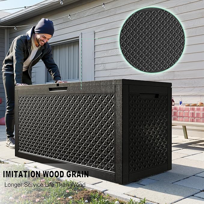 100 Gallon Deck Box Large Outdoor Storage for Patio Furniture,Outdoor Cushions,Garden Tools and Pool Supplies,Waterproof,Resin,Lockable(Black Lozenge)