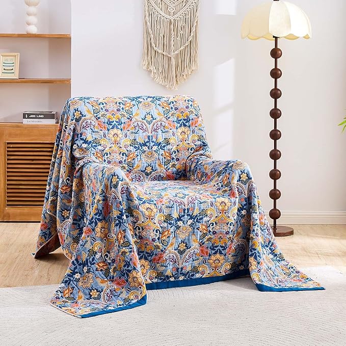 Boho Throw Blanket for Bed, 100% Cotton Soft Rustic Quilt Fall Blanket, 90"x98" Floral Printed Farmhouse Decor Bed Blankets, All Season Rustic Reversible Bohemian Throw Quilt