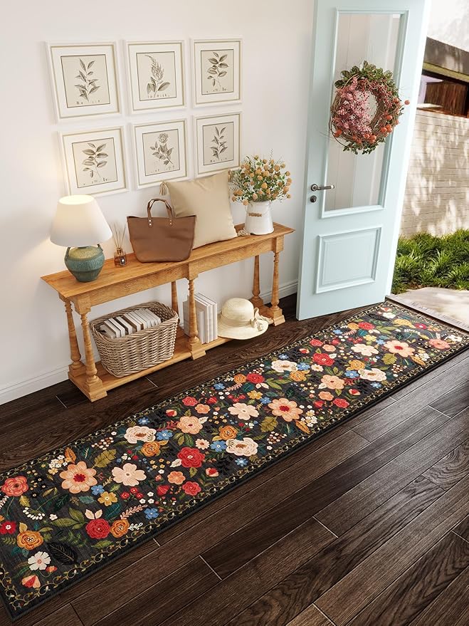 Runners for Hallways Kitchen Rug Non Slip 2'x 10' Long Washable Runner Rugs with Rubber Backing Soft Floral Carpet Runner for Hallways, Kitchen, Laundry, Bedroom, Bathroom(Black)