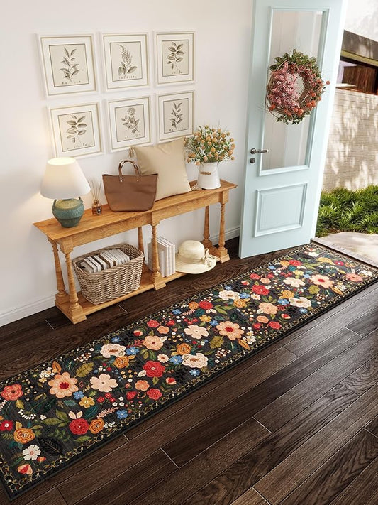 Runners for Hallways Kitchen Rug Non Slip 2'x 10' Long Washable Runner Rugs with Rubber Backing Soft Floral Carpet Runner for Hallways, Kitchen, Laundry, Bedroom, Bathroom(Black)