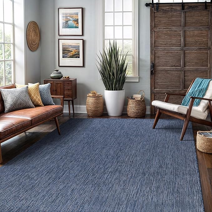 Washable Indoor Outdoor Rug 8x10 Weather Resistant Area Rugs Modern Solid for Porch Deck Balcony Backyard Patio Outside Carpet (8 X 10 Azure Blue)
